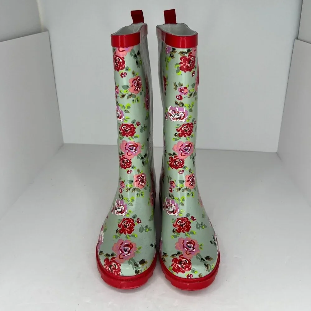 Womens Green Waterproof Garden Strap Floral Mid Calf Slip On Size 6 Rain Boots
